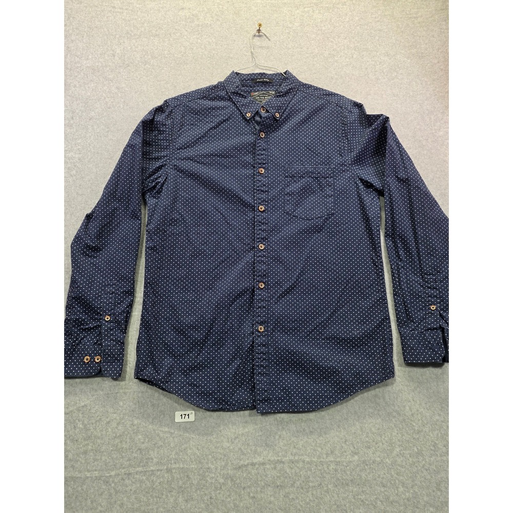 On The Road Mens Slim Fit Polka Dot Button Down Shirt‎ Navy Blue White Large